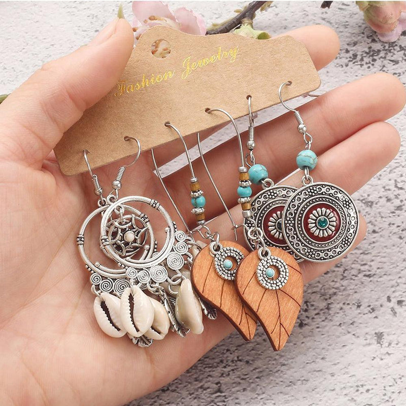 Bohemian-Inspired Dangle Earrings Set - Leaf & Shell Trio - Lucid Fantasy 