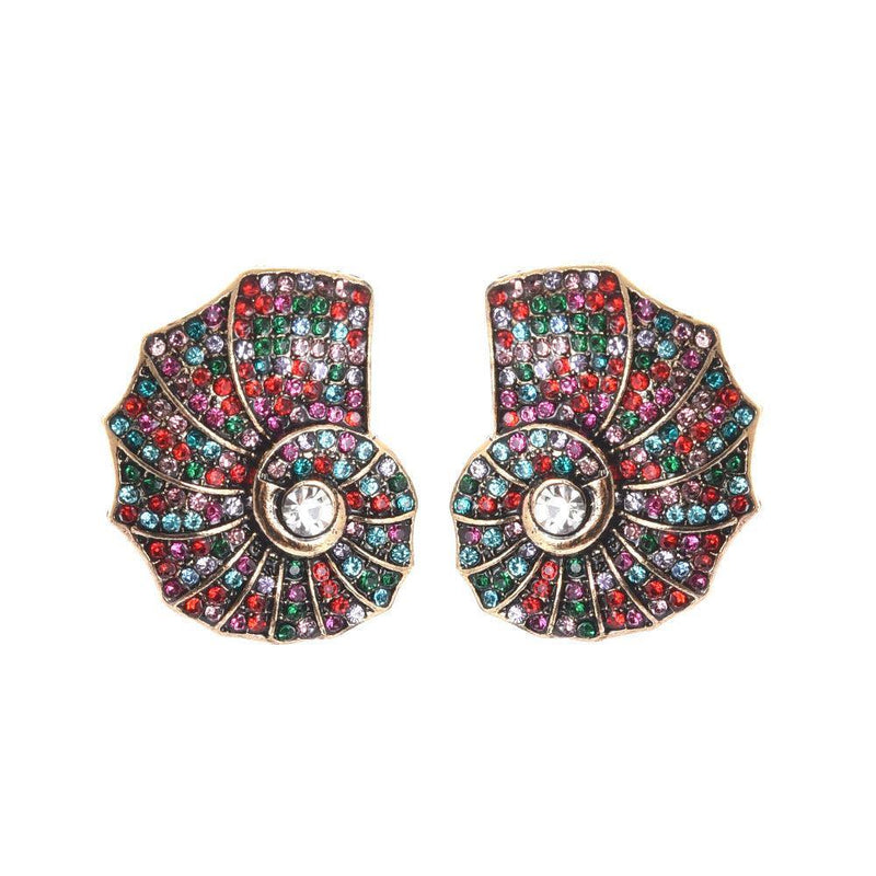 Bohemian Metallic Shell Crystal Rhinestone Maxi Stud Earrings - Lucid Fantasy 