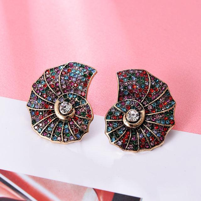 Bohemian Metallic Shell Crystal Rhinestone Maxi Stud Earrings - Lucid Fantasy 