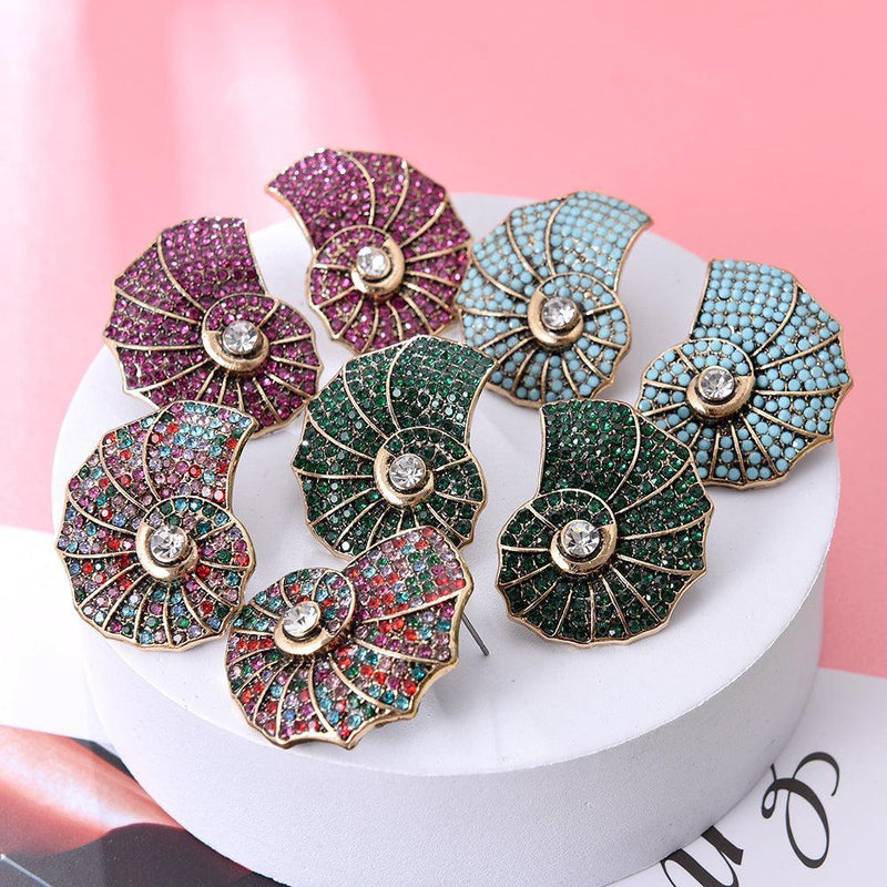 Bohemian Metallic Shell Crystal Rhinestone Maxi Stud Earrings - Lucid Fantasy 