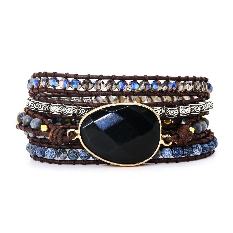 Boho Black Onyx & Crystal Leather Wrap Bracelet - Lucid Fantasy 