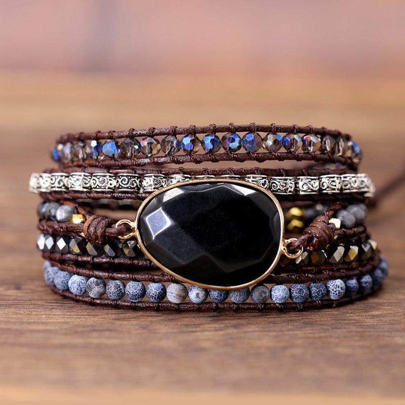 Boho Black Onyx & Crystal Leather Wrap Bracelet - Lucid Fantasy 