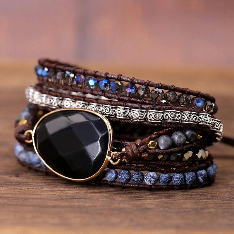 Boho Black Onyx & Crystal Leather Wrap Bracelet - Lucid Fantasy 