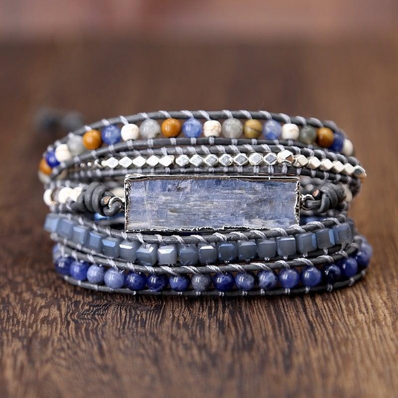 Boho Blue Gemstone Leather Wrap Bracelet - Lucid Fantasy 