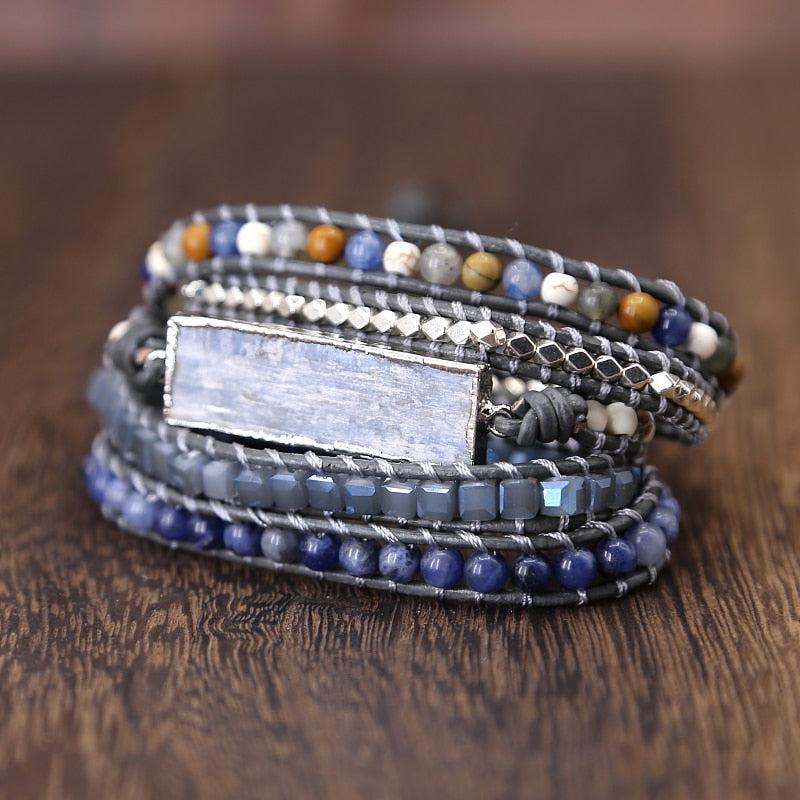 Boho Blue Gemstone Leather Wrap Bracelet - Lucid Fantasy 