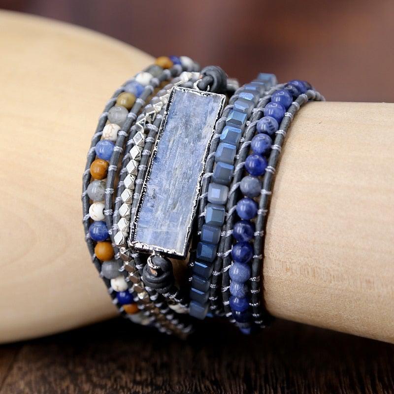 Boho Blue Gemstone Leather Wrap Bracelet - Lucid Fantasy 