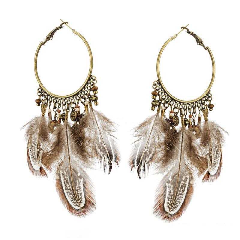 Boho Chic Feather Hoop Drop Earrings - Lucid Fantasy 