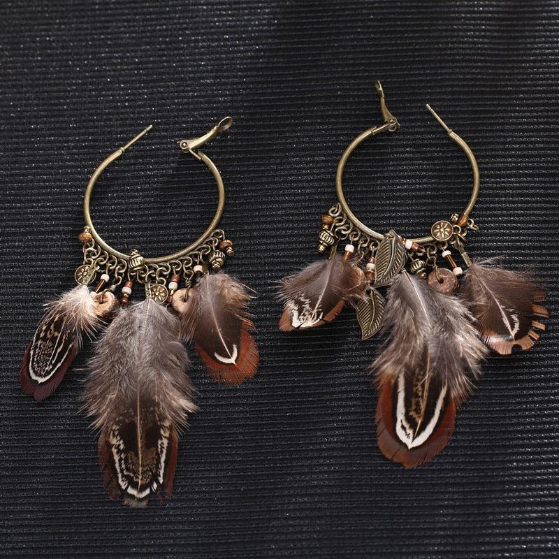 Boho Chic Feather Hoop Drop Earrings - Lucid Fantasy 