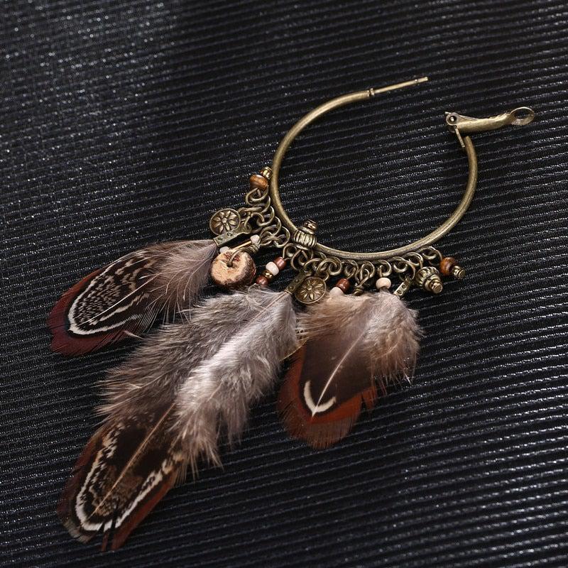 Boho Chic Feather Hoop Drop Earrings - Lucid Fantasy 