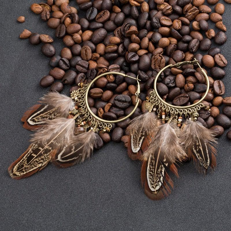 Boho Chic Feather Hoop Drop Earrings - Lucid Fantasy 