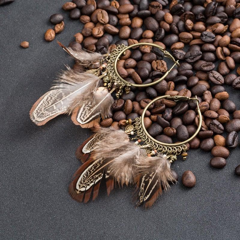 Boho Chic Feather Hoop Drop Earrings - Lucid Fantasy 