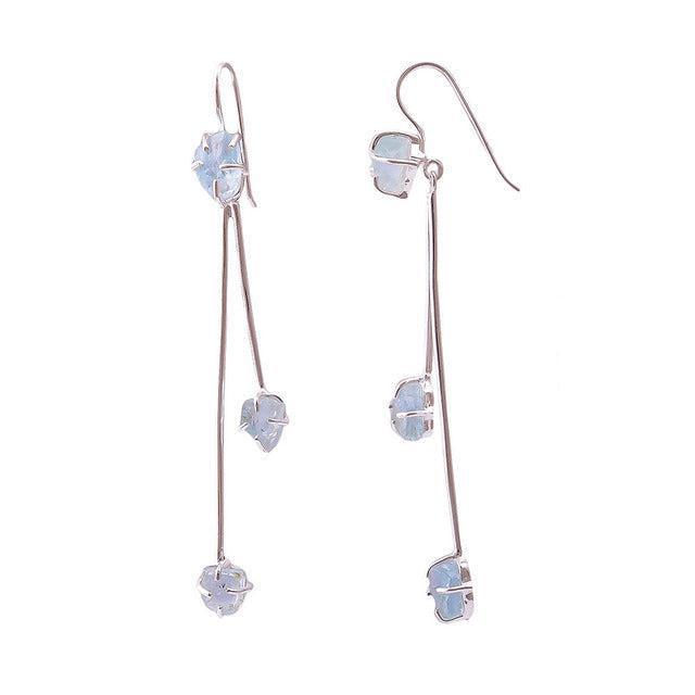 Boho Handmade Double Drop Dangle Earrings with Rough-Cut Aquamarine in Sterling Silver - Lucid Fantasy 