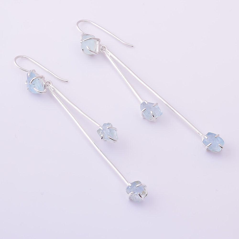 Boho Handmade Double Drop Dangle Earrings with Rough-Cut Aquamarine in Sterling Silver - Lucid Fantasy 