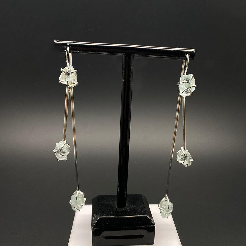 Boho Handmade Double Drop Dangle Earrings with Rough-Cut Aquamarine in Sterling Silver - Lucid Fantasy 