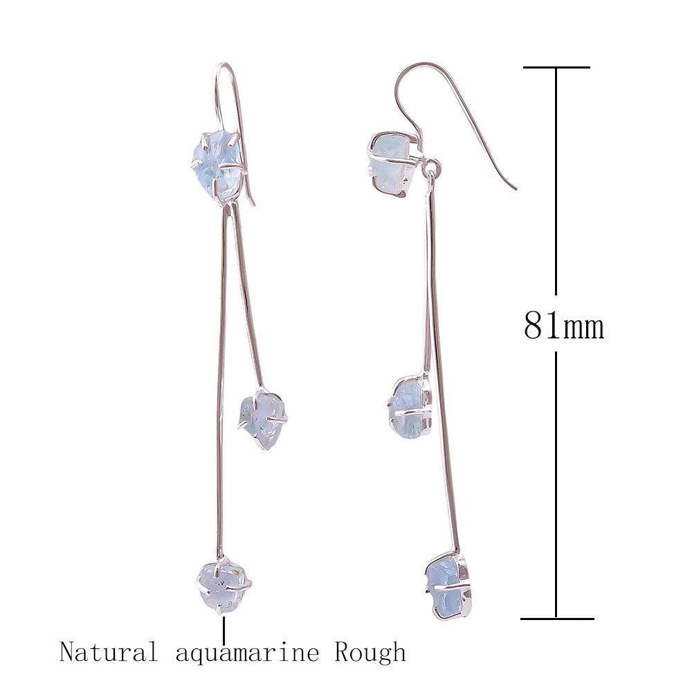 Boho Handmade Double Drop Dangle Earrings with Rough-Cut Aquamarine in Sterling Silver - Lucid Fantasy 