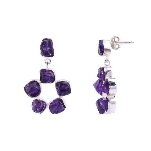 Boho Handmade Rough-Cut Amethyst Sterling Silver Hoop Earrings - Lucid Fantasy 