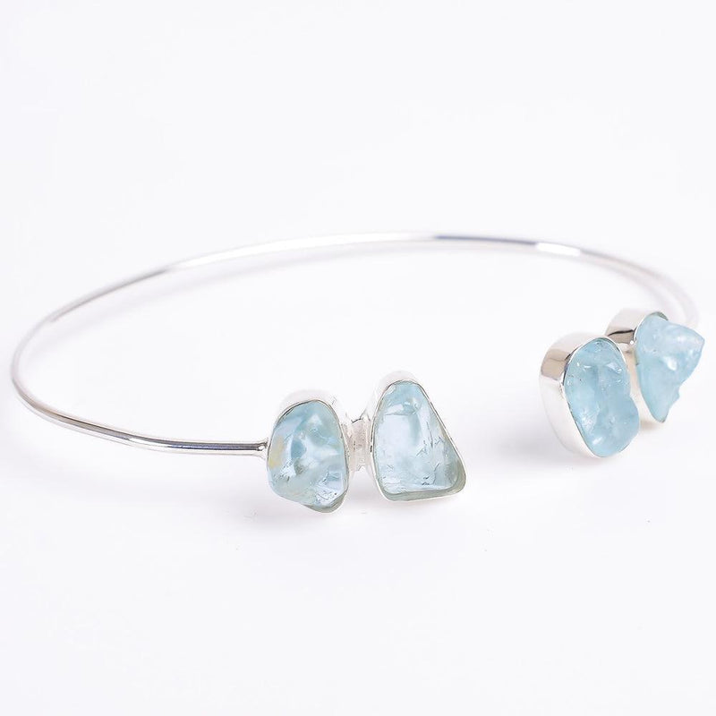 Boho Handmade Rough-Cut Aquamarine Bangle Bracelet in Sterling Silver - Lucid Fantasy 