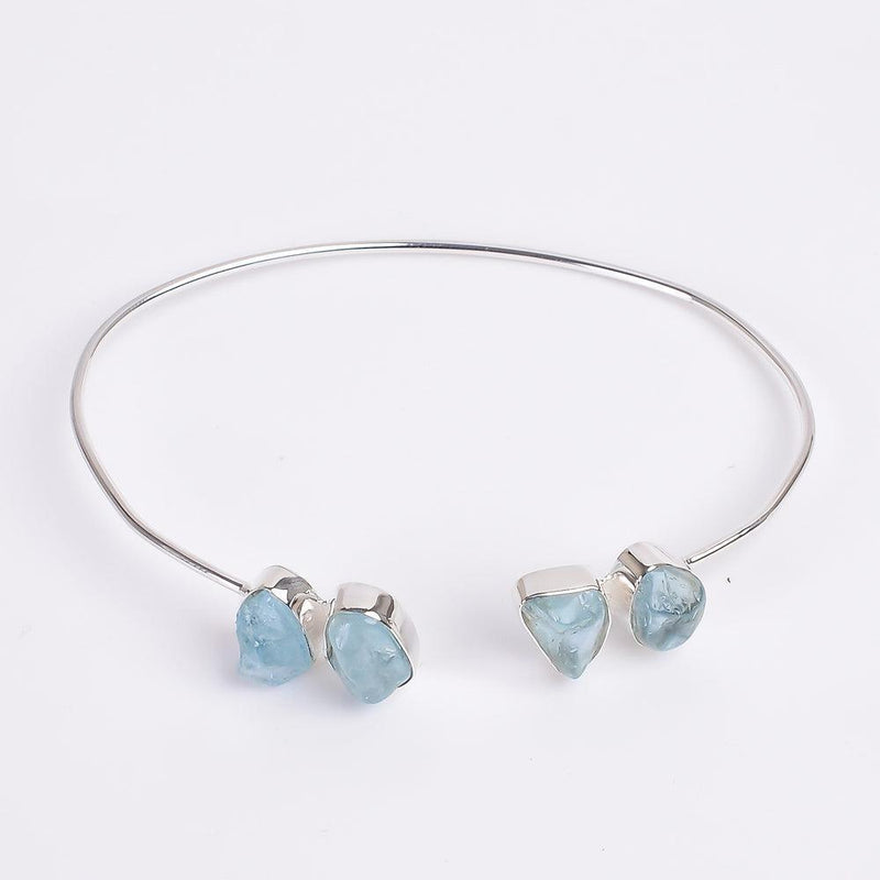 Boho Handmade Rough-Cut Aquamarine Bangle Bracelet in Sterling Silver - Lucid Fantasy 