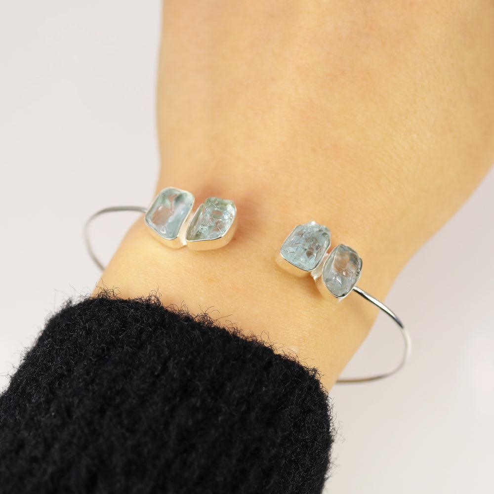 Boho Handmade Rough-Cut Aquamarine Bangle Bracelet in Sterling Silver - Lucid Fantasy 