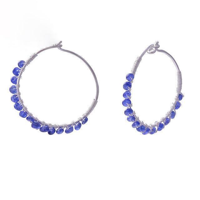 Boho Handmade Rough-Cut Blue Sapphire Hoop Earrings in Sterling Silver - Lucid Fantasy 