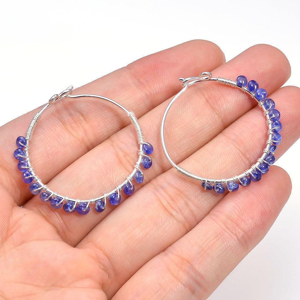 Boho Handmade Rough-Cut Blue Sapphire Hoop Earrings in Sterling Silver - Lucid Fantasy 