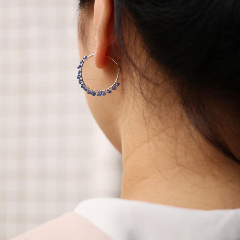 Boho Handmade Rough-Cut Blue Sapphire Hoop Earrings in Sterling Silver - Lucid Fantasy 