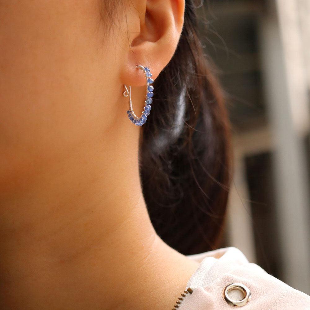 Boho Handmade Rough-Cut Blue Sapphire Hoop Earrings in Sterling Silver - Lucid Fantasy 