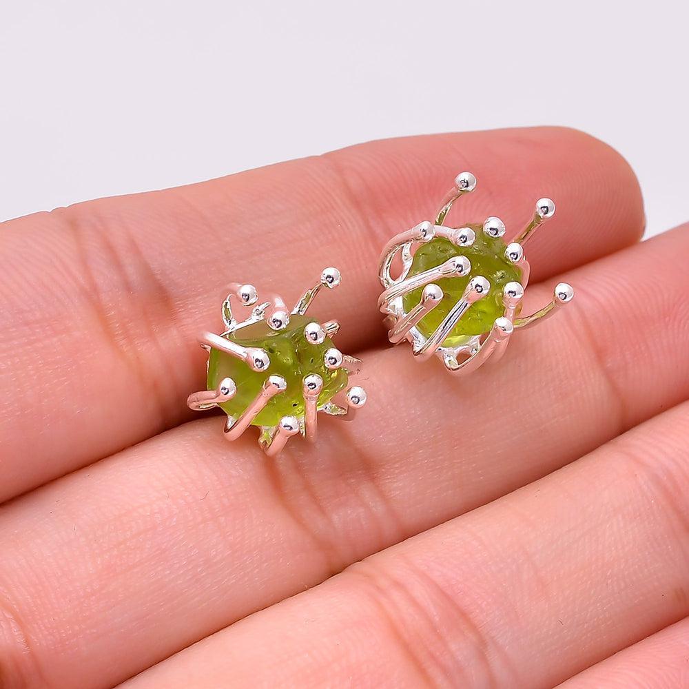 Boho Handmade Rough Cut Peridot Flower Stud Earrings in Sterling Silver - Lucid Fantasy 