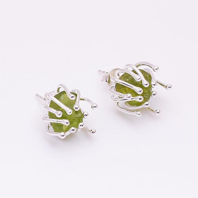 Boho Handmade Rough Cut Peridot Flower Stud Earrings in Sterling Silver - Lucid Fantasy 