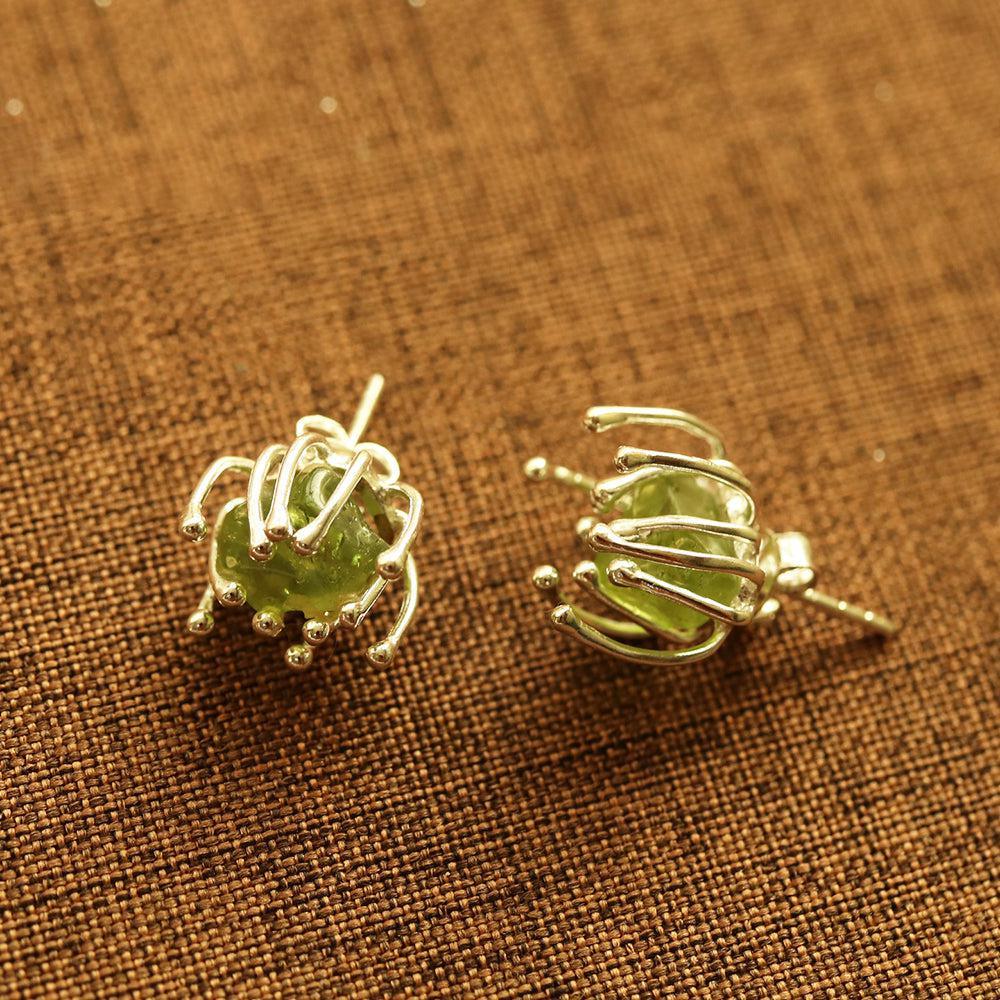 Boho Handmade Rough Cut Peridot Flower Stud Earrings in Sterling Silver - Lucid Fantasy 