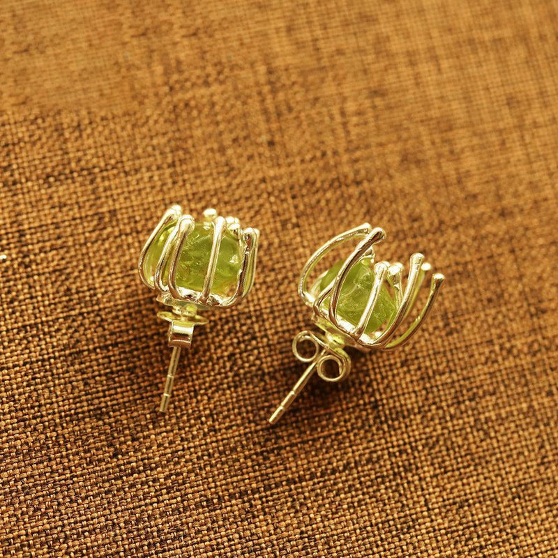 Boho Handmade Rough Cut Peridot Flower Stud Earrings in Sterling Silver - Lucid Fantasy 