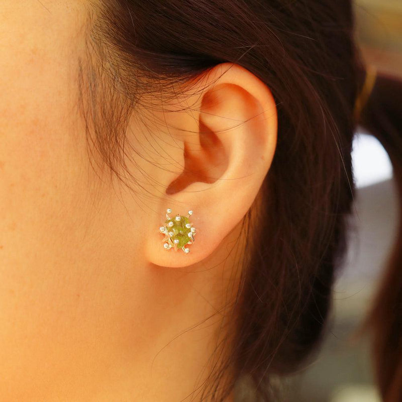 Boho Handmade Rough Cut Peridot Flower Stud Earrings in Sterling Silver - Lucid Fantasy 