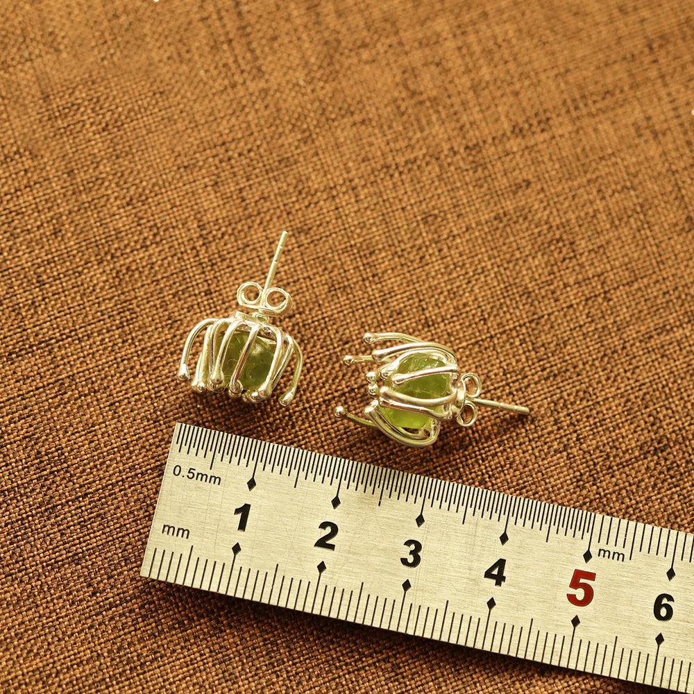 Boho Handmade Rough Cut Peridot Flower Stud Earrings in Sterling Silver - Lucid Fantasy 