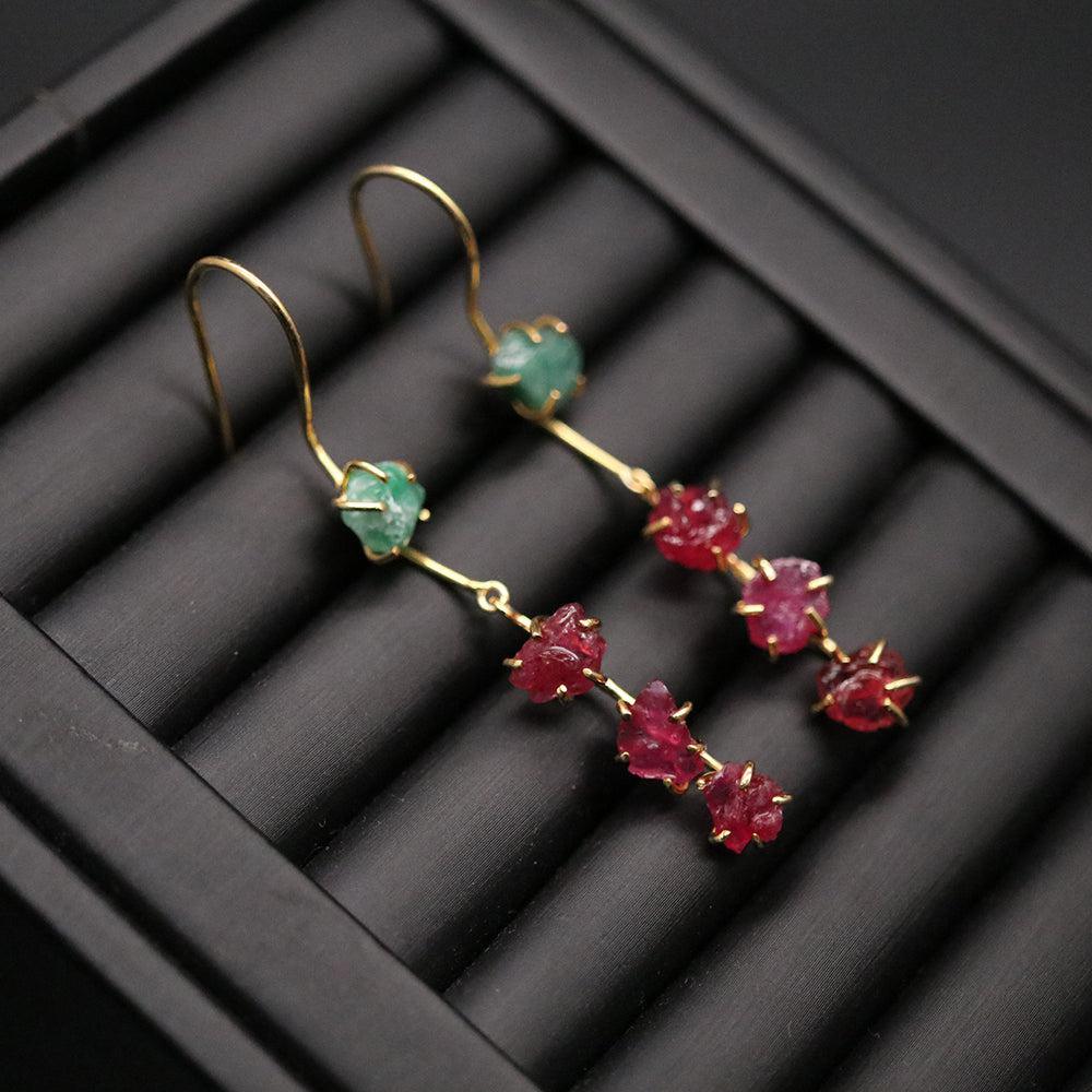 Boho Handmade Sterling Silver Emerald and Ruby Gemstone Drop Earrings - Two-Way Design - Lucid Fantasy 