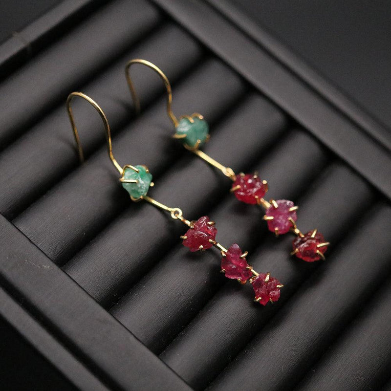 Boho Handmade Sterling Silver Emerald and Ruby Gemstone Drop Earrings - Two-Way Design - Lucid Fantasy 