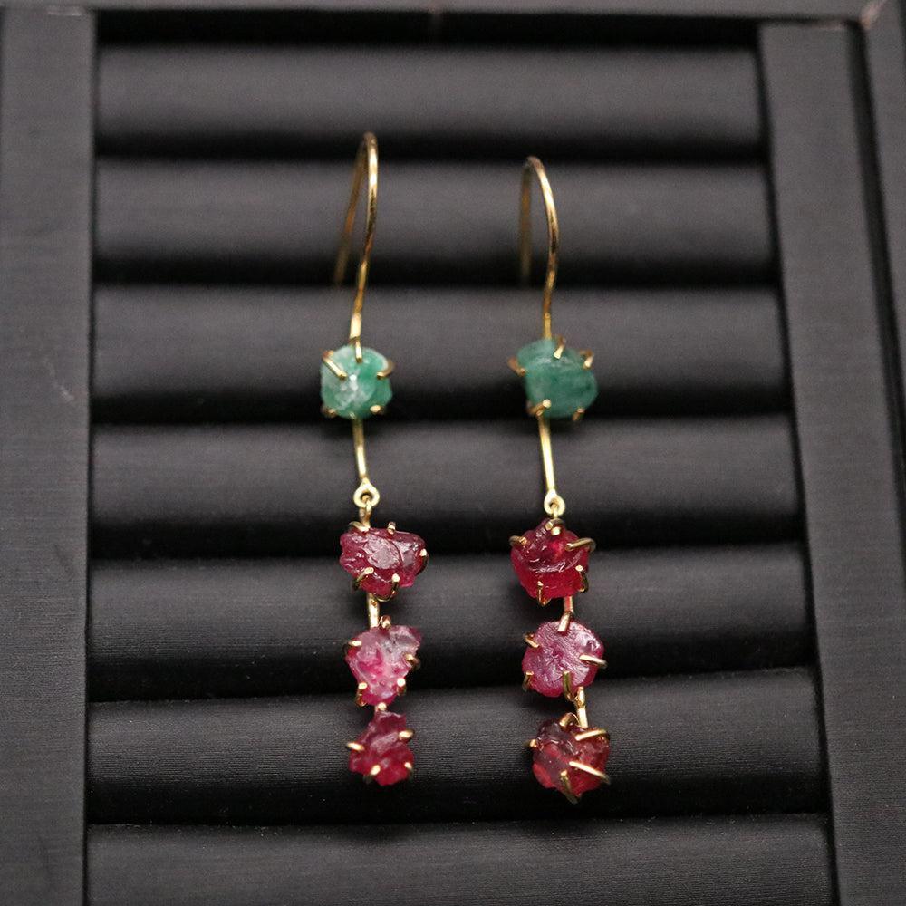 Boho Handmade Sterling Silver Emerald and Ruby Gemstone Drop Earrings - Two-Way Design - Lucid Fantasy 