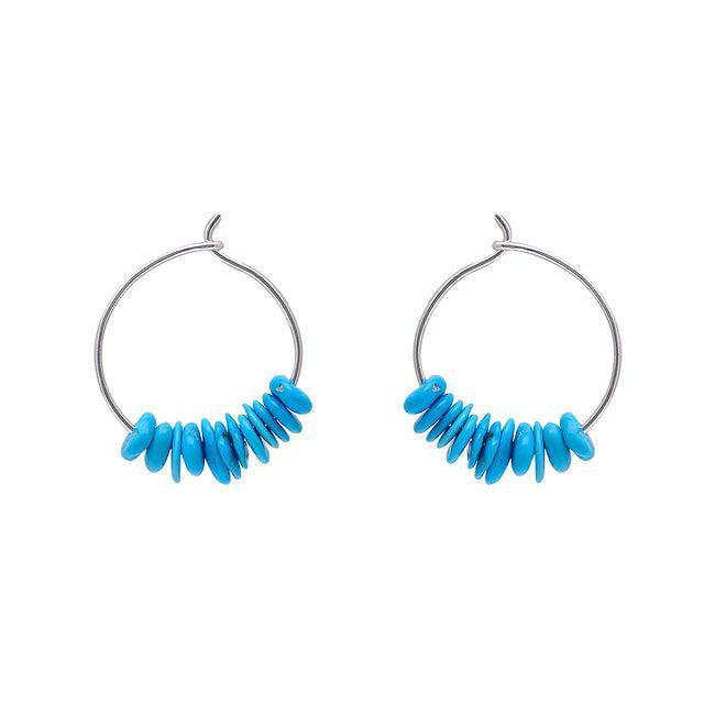 Boho Handmade Sterling Silver Hoop Earrings with Natural Rough-Cut Blue Turquoise - Lucid Fantasy 