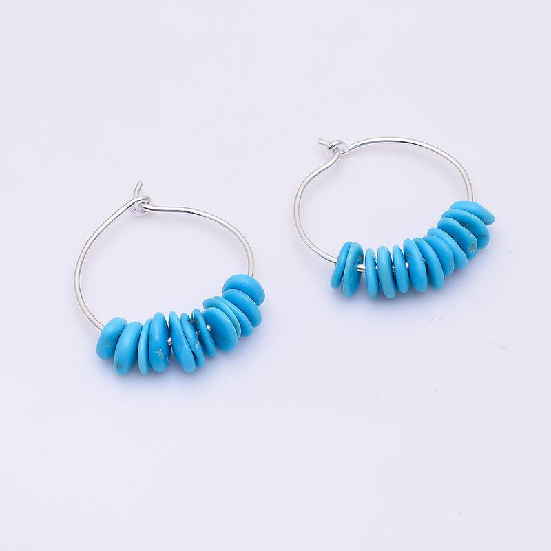 Boho Handmade Sterling Silver Hoop Earrings with Natural Rough-Cut Blue Turquoise - Lucid Fantasy 