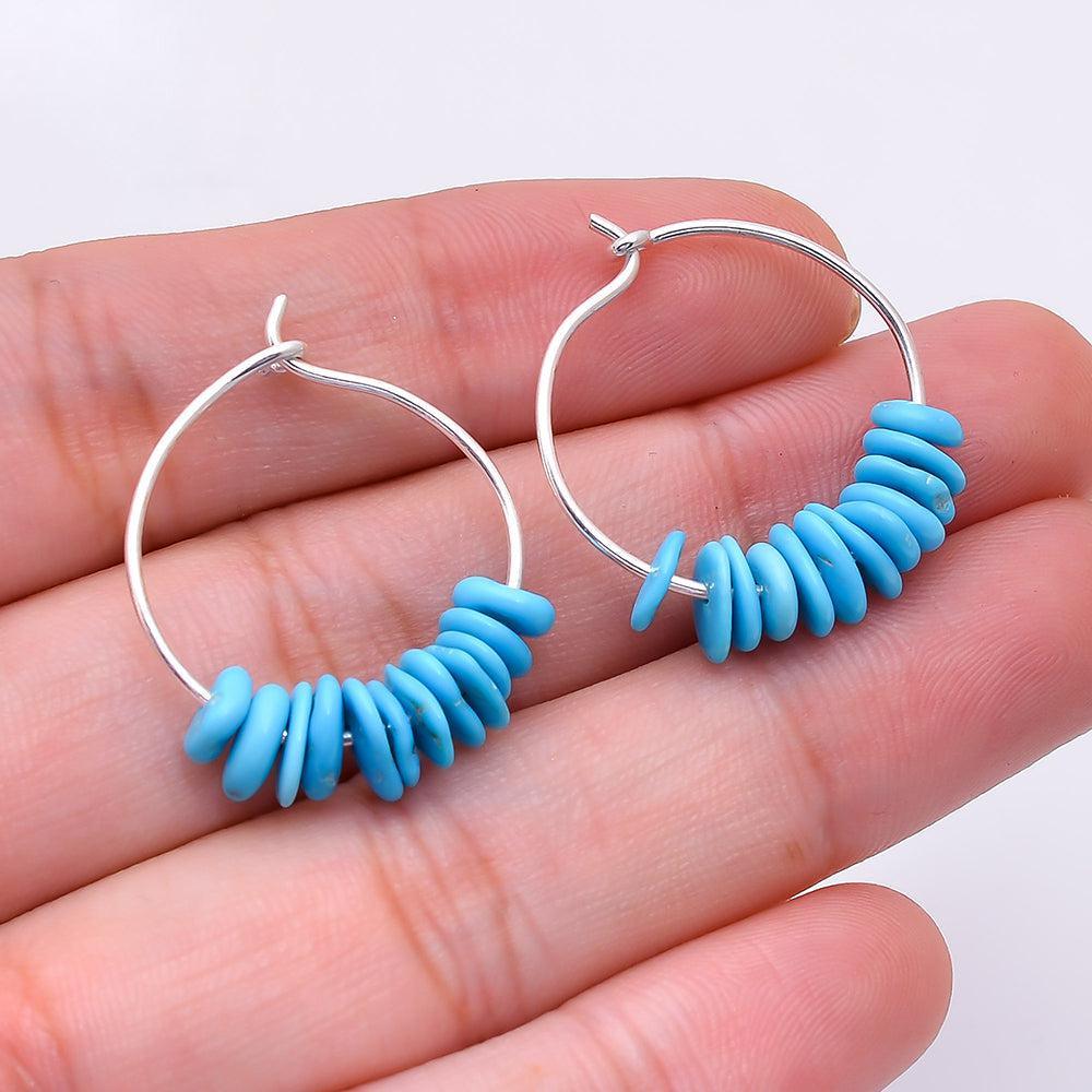 Boho Handmade Sterling Silver Hoop Earrings with Natural Rough-Cut Blue Turquoise - Lucid Fantasy 