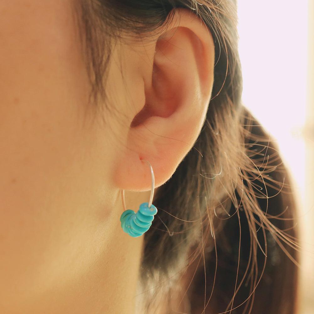 Boho Handmade Sterling Silver Hoop Earrings with Natural Rough-Cut Blue Turquoise - Lucid Fantasy 