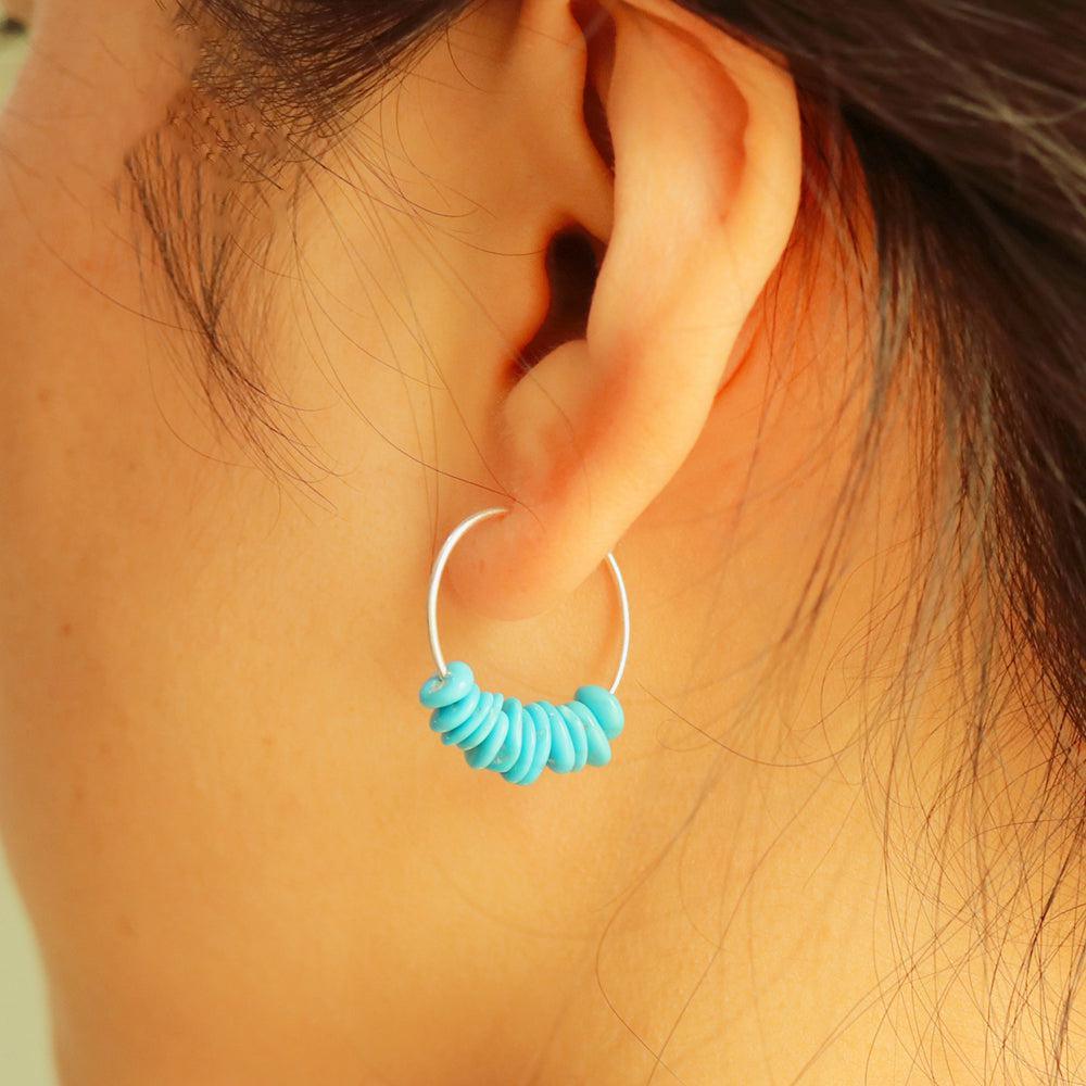 Boho Handmade Sterling Silver Hoop Earrings with Natural Rough-Cut Blue Turquoise - Lucid Fantasy 