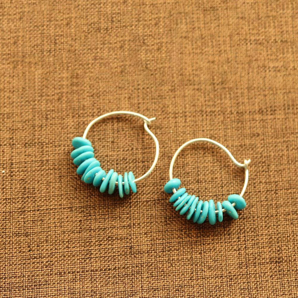 Boho Handmade Sterling Silver Hoop Earrings with Natural Rough-Cut Blue Turquoise - Lucid Fantasy 