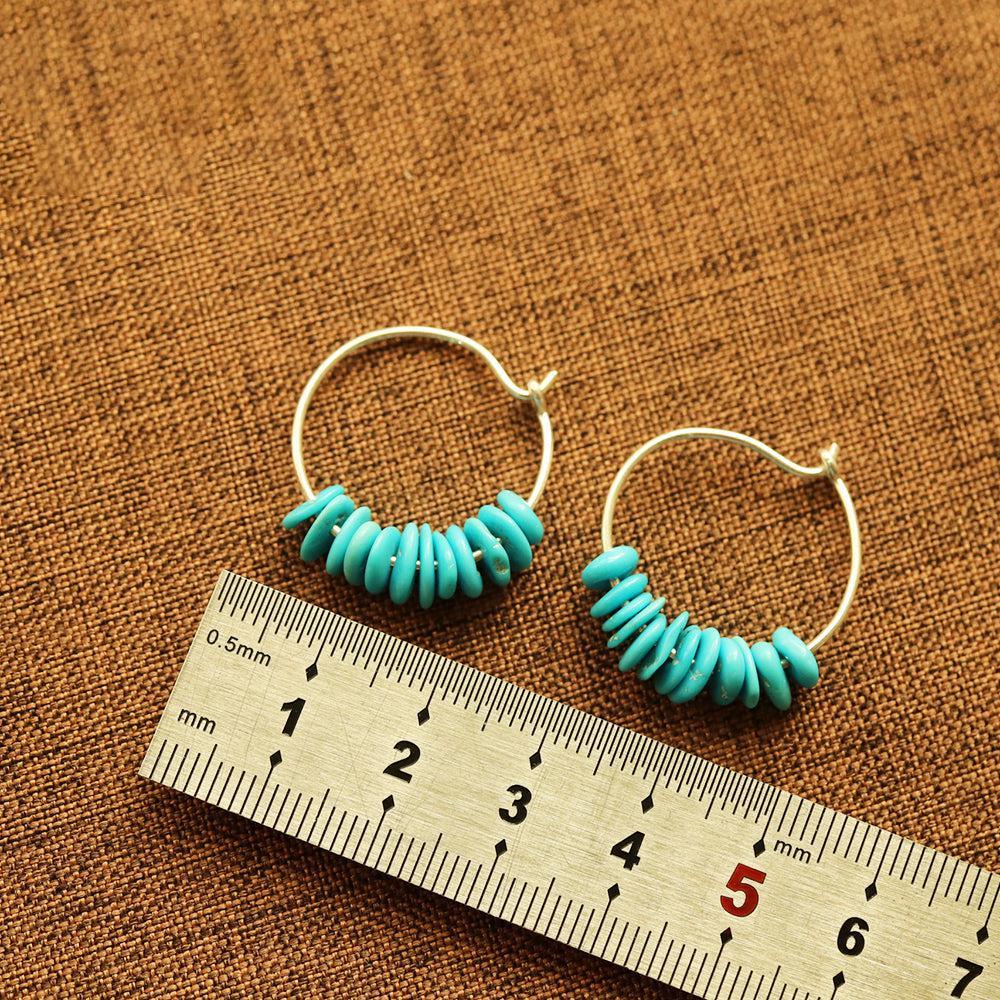 Boho Handmade Sterling Silver Hoop Earrings with Natural Rough-Cut Blue Turquoise - Lucid Fantasy 