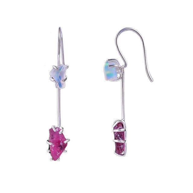 Boho Handmade Sterling Silver Rough Opal and Ruby Two-Way Drop Earrings - Lucid Fantasy 