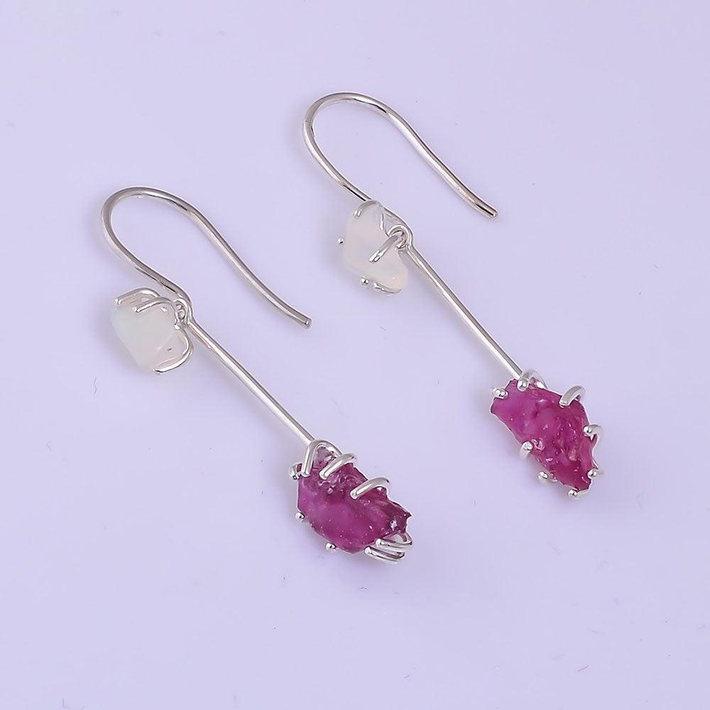 Boho Handmade Sterling Silver Rough Opal and Ruby Two-Way Drop Earrings - Lucid Fantasy 