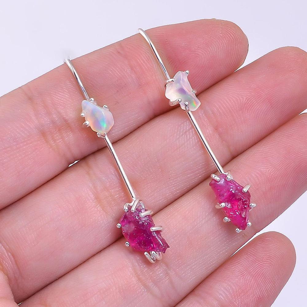 Boho Handmade Sterling Silver Rough Opal and Ruby Two-Way Drop Earrings - Lucid Fantasy 