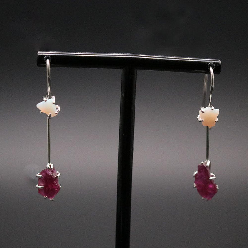 Boho Handmade Sterling Silver Rough Opal and Ruby Two-Way Drop Earrings - Lucid Fantasy 