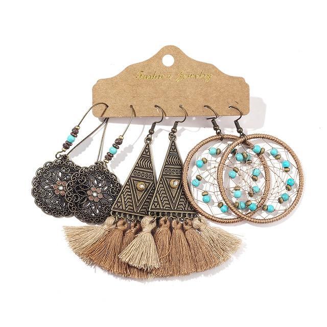 Boho-Inspired Bronze Dangle Earrings Set - Native Variety (3 Pairs) - Lucid Fantasy 