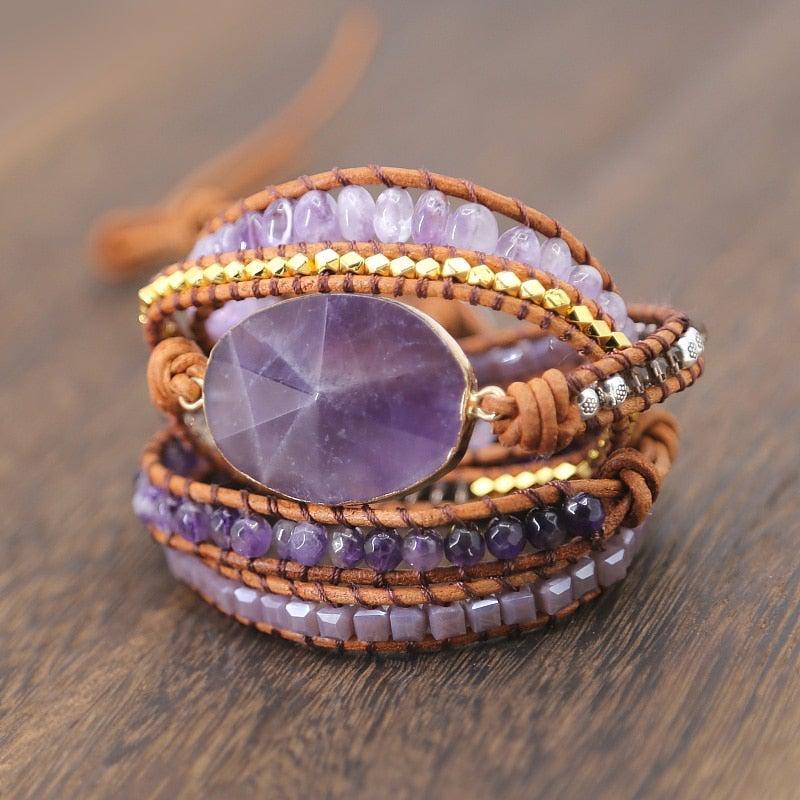 Boho-Inspired Purple Leather Bead Bracelet - Lucid Fantasy 