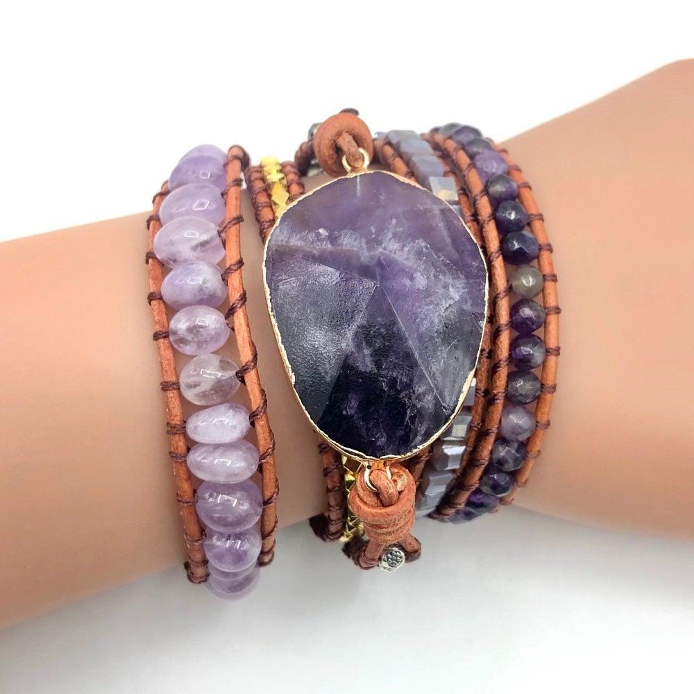 Boho-Inspired Purple Leather Bead Bracelet - Lucid Fantasy 